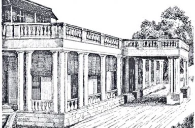 Drawing of Adyar Headquarters in 1884 by William Q. Judge, illustrating the historical background of the correspondence.