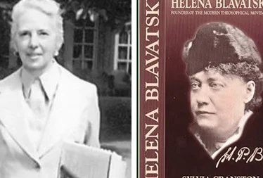 Historical photograph of Anita Atkins, also known as Sylvia Cranston, alongside the front cover of her famous biography of Helena Blavatsky.