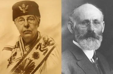 A side-by-side black and white archival portrait showing Annie Besant on the left in ceremonial masonic clothes and Robert Crosbie on the right with a full beard and glasses.