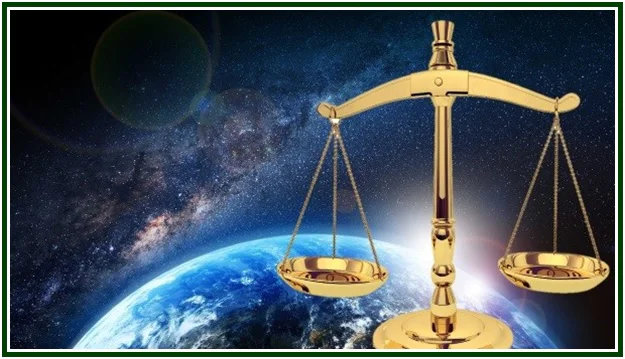 A golden balance scale representing justice positioned in space next to planet Earth under a starry galaxy background.