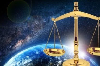 A golden balance scale representing justice positioned in space next to planet Earth under a starry galaxy background.