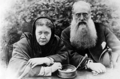 Historical portrait of Helena P. Blavatsky and Colonel Henry S. Olcott sitting together, illustrating the article A Lesson to Henry Olcott.