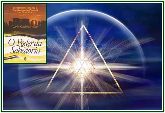 Capa do livro O Poder da Sabedoria de Carlos Cardoso Aveline ao lado de um triângulo com geometria sagrada radiante, ilustrando A Lei da Vida Imortal.
