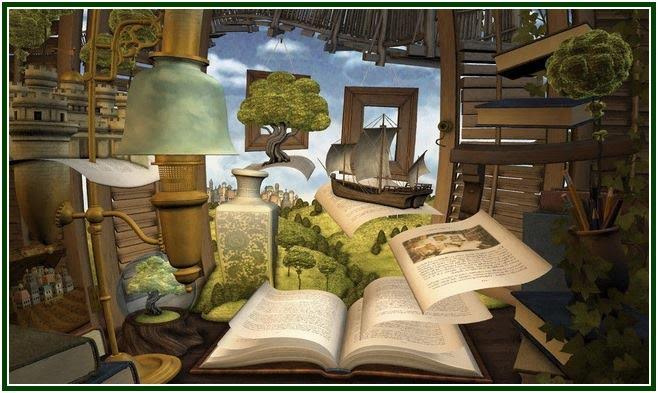 Ilustração surrealista de um livro aberto cujas páginas flutuam e dão vida a uma paisagem com árvores, um barco antigo e elementos de estudo esotérico.