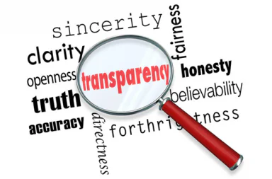 A magnifying glass highlighting the word transparency among ethical concepts like truth and honesty, illustrating the Society for Speaking the Truth article.