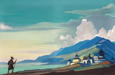 A classical symbolic painting by Nicholas Roerich with a green border, illustrating the article Blind Belief Regarding Teachers.