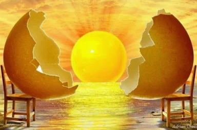 Surrealist painting by Adrian Chesterman showing a giant broken eggshell resting on two wooden chairs by the sea, with a bright sun rising in the center, illustrating Mental Discipline.