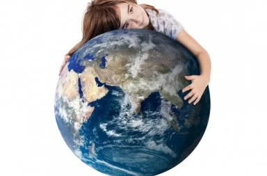 A young girl hugging the planet Earth, symbolizing peace and the lessons of Hiroshima and Nagasaki for future generations.