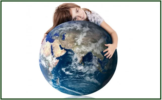 A young girl hugging the planet Earth, symbolizing peace and the lessons of Hiroshima and Nagasaki for future generations.