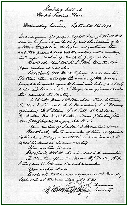 Handwritten minutes of the 1875 New York meeting marking the birth of the modern theosophical movement.