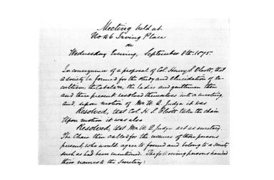 Handwritten minutes of the 1875 New York meeting marking the birth of the modern theosophical movement.