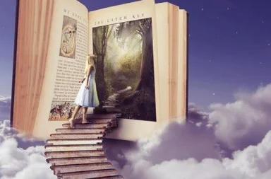 A surreal illustration of a staircase leading into a giant open book in the clouds, representing the esoteric books available.
