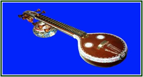 An Indian Saraswati Vina musical instrument on a blue background, illustrating the strings allegory in The Challenge of the Skandhas.