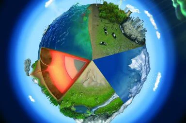 A conceptual digital artwork of planet Earth divided into pie chart slices showing interacting ecosystems, including a geological cross-section of the core, mountains, oceans, forests with grazing cows, and an urban industrial city, illustrating the unity of subsystems in esoteric philosophy.