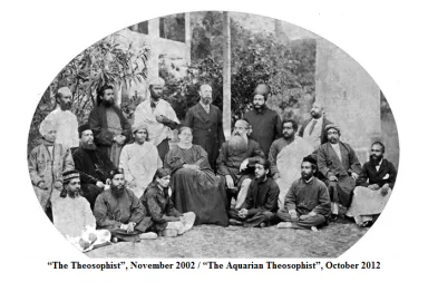 A historical group photograph in an oval frame featuring Helena Blavatsky, Henry Olcott, Damodar Mavalankar, and other pioneers in Bombay, 1881.