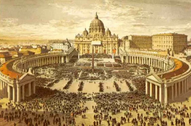 Historical vintage illustration of St. Peter's Square in the Vatican, showing the massive architecture of the Roman Church with its central obelisk, curved colonnades, and St. Peter's Basilica dome, surrounded by a large crowd of people.