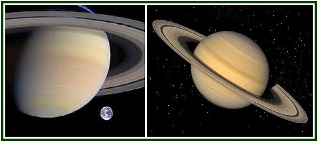 Composição espacial dupla exibindo no lado esquerdo o hemisfério iluminado de Saturno em grande plano com o planeta Terra muito pequeno abaixo, e no lado direito o corpo esférico completo de saturno com os seus anéis inclinados contra o fundo negro estrelado.