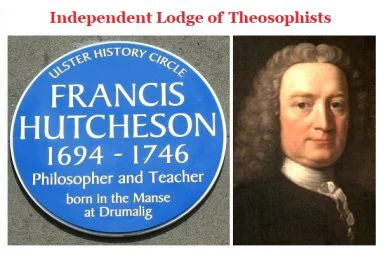 A blue plaque of Francis Hutcheson from the Ulster History Circle next to an oil painting portrait of the philosopher.