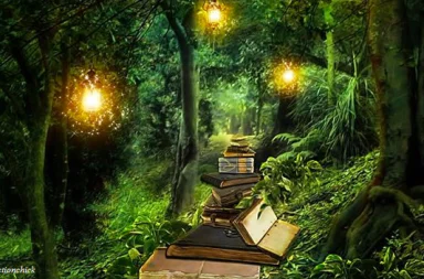Artistic illustration of a dense green forest at night with a stack of old books and glowing golden lanterns for information.
