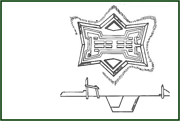 Desenho esquemático em linhas pretas da planta de uma fortificação militar em forma de estrela histórica no Rio Grande.
