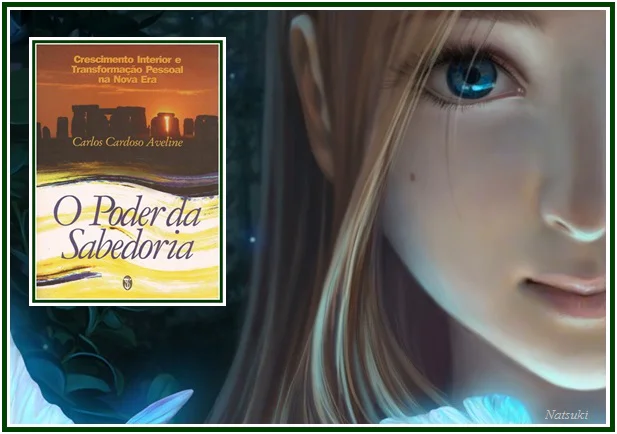 Ilustração digital do rosto de uma jovem de olhos azuis e cabelos longos, ao lado da capa do livro O Poder da Sabedoria, simbolizando a busca pela vontade espiritual.