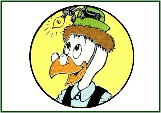 Desenho do Professor Pardal de perfil dentro de um círculo amarelo, usando óculos e um chapéu verde com um ninho e uma lâmpada acesa, ilustrando o poder do pensamento.