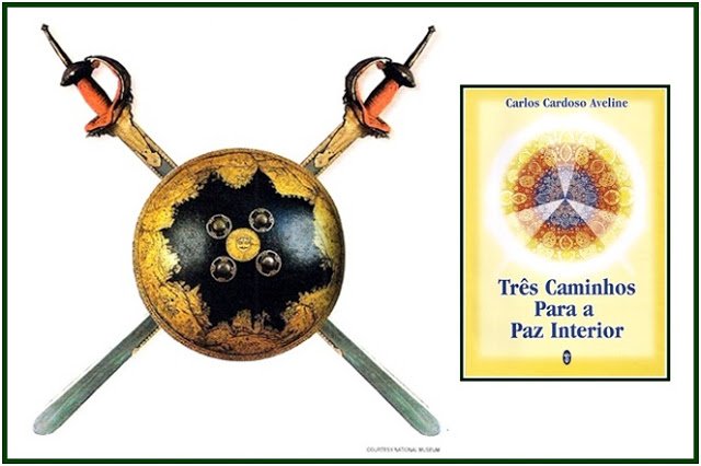 Capa amarela do livro Três Caminhos Para a Paz Interior ao lado de um escudo redondo ornamentado e duas espadas cruzadas.