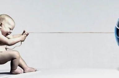 Conceptual image of a baby pulling the planet Earth through an umbilical cord, showing the strength of Independent Lodge of Theosophists.