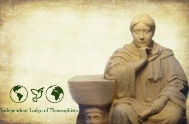 Photograph of a stone statue representing helena blavatsky next to the Independent Lodge of Theosophists logo on a parchment background.