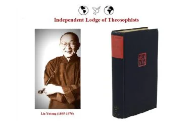 Portrait of philosopher Lin Yutang next to an old book, illustrating the return to common sense.