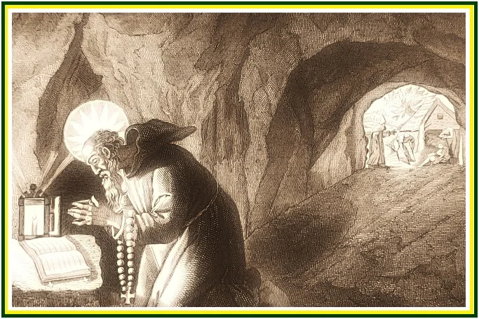 Uma pintura clássica mostrando um monge idoso de barba e cabelos brancos compridos, vestido com uma túnica escura, sentado em meditação solitária dentro de uma caverna rochosa iluminada por uma réstia de luz.