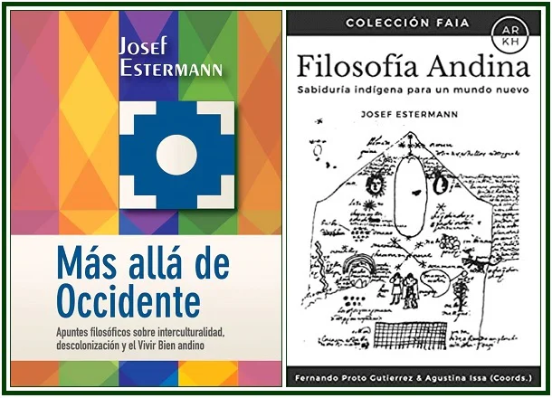 Las portadas de los libros Más allá de Occidente y Filosofía Andina de Josef Estermann, lado a lado con un marco verde.